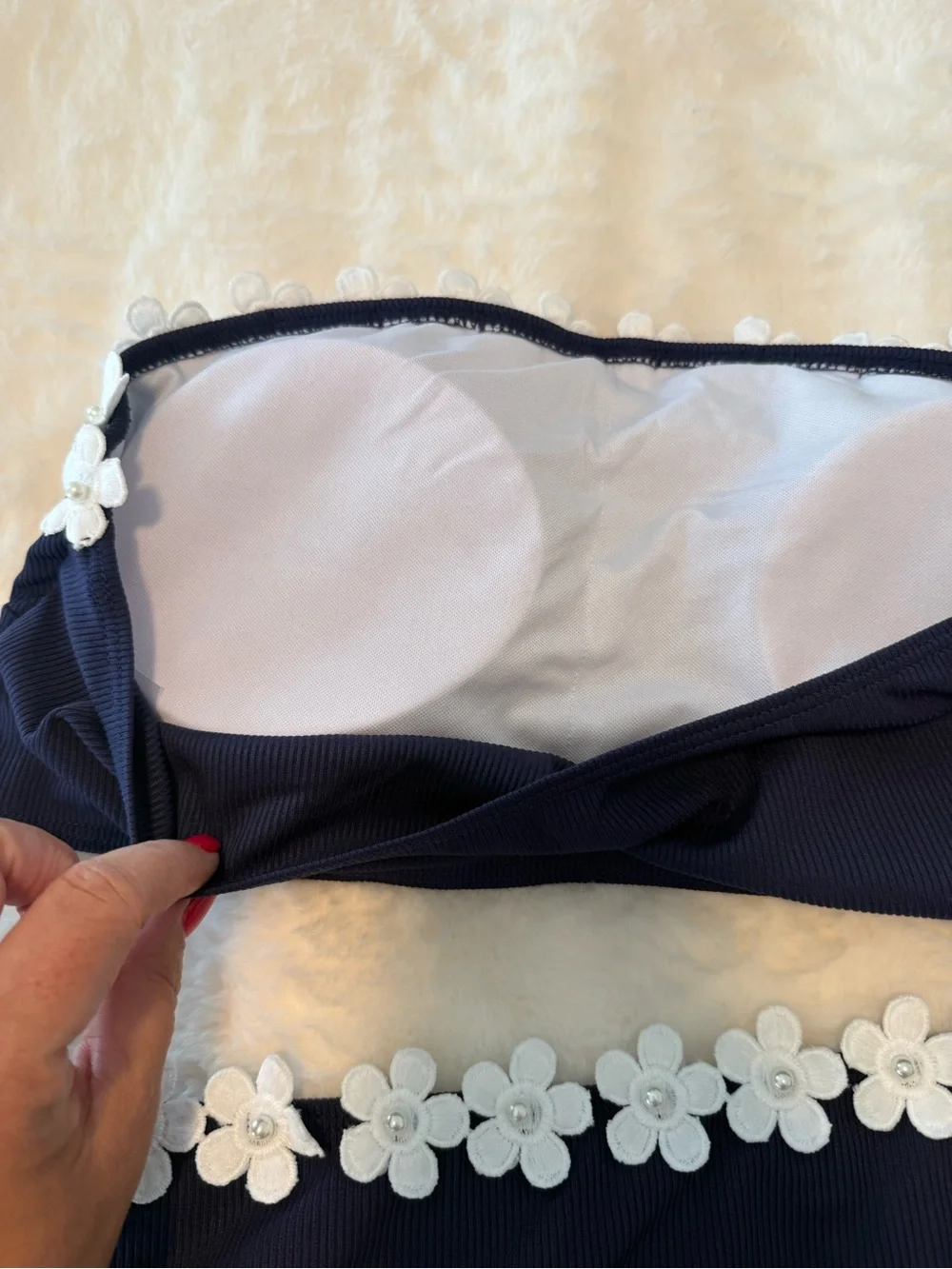 Women’s Navy Blue Bandeau Bikini with White Floral Trim XL - Picture 7 of 9